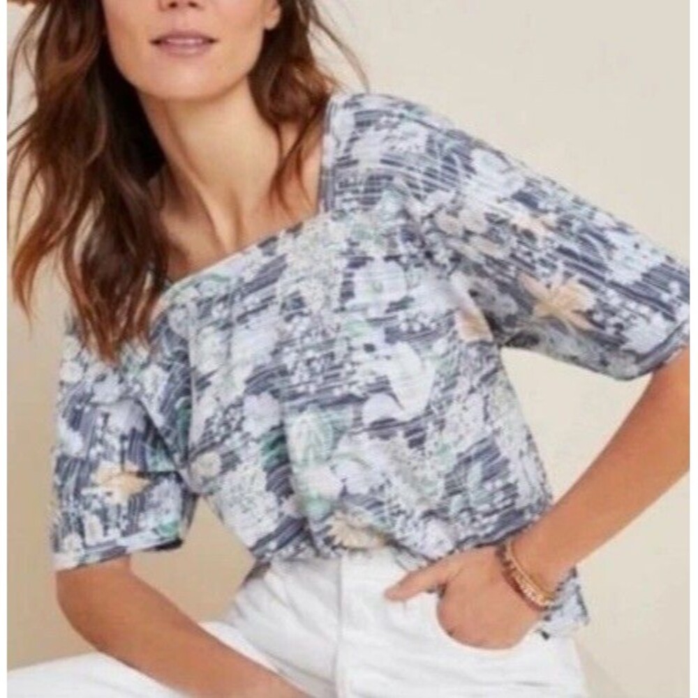 Anthropologie Deedee Dolman Sleeved Top Size XS Blue Floral Square Neck Tee